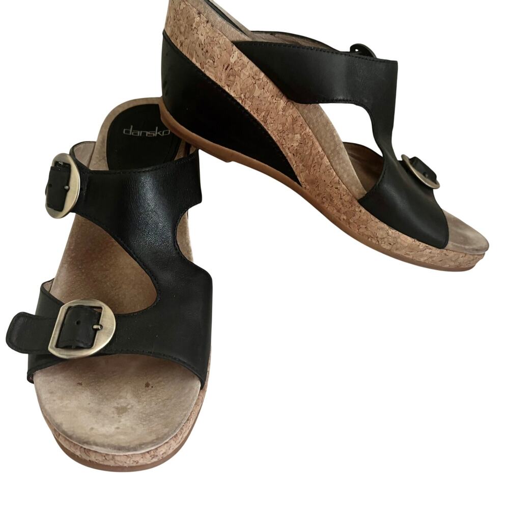 Dansko Carla Black Leather Cork edge Sandals Slides Buckle Comfort Classic 40